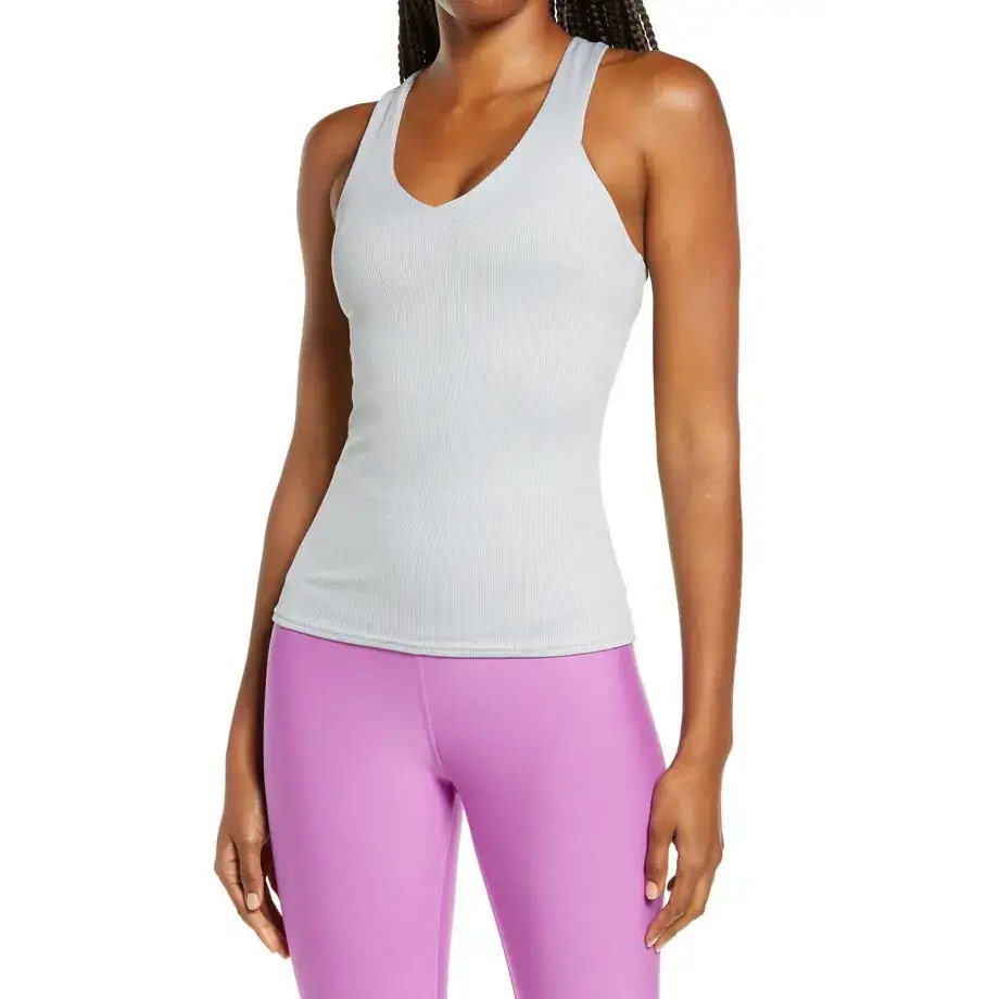 Alo Yoga Elevate Sleeveless V-Neck Cross-Back Tank Top Gray Medium