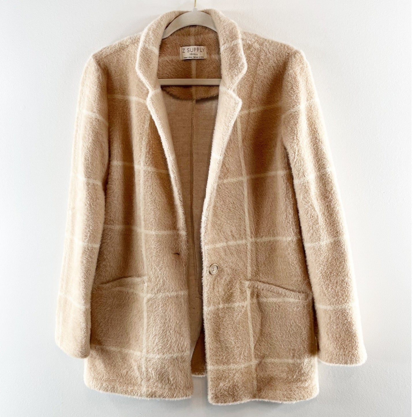 Z Supply Plaid Windowpane Anna Eyelash Blazer Jacket Camel Tan XS