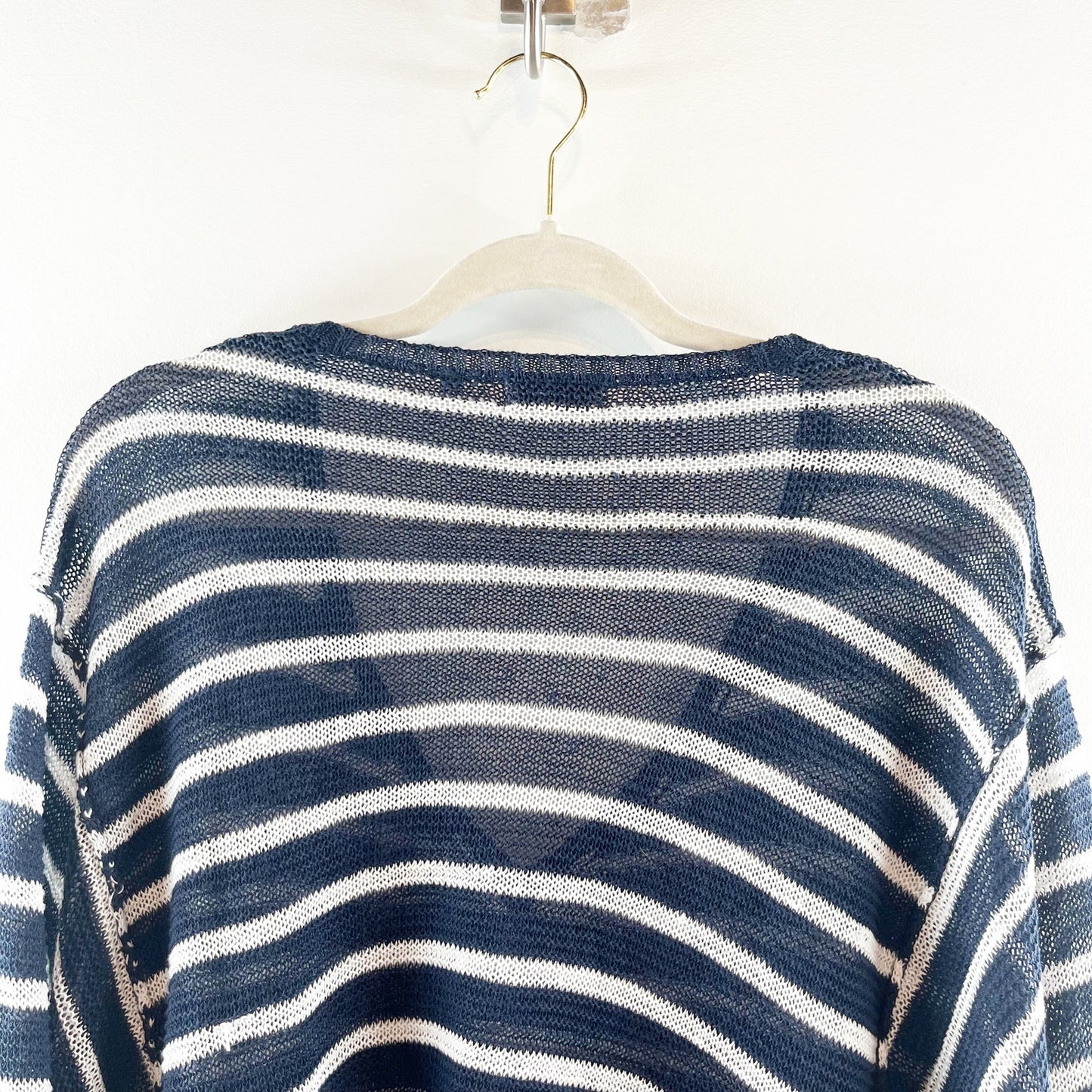 525 America Linen Striped Fringe Trim Poncho Sweater Navy Blue White XS / S