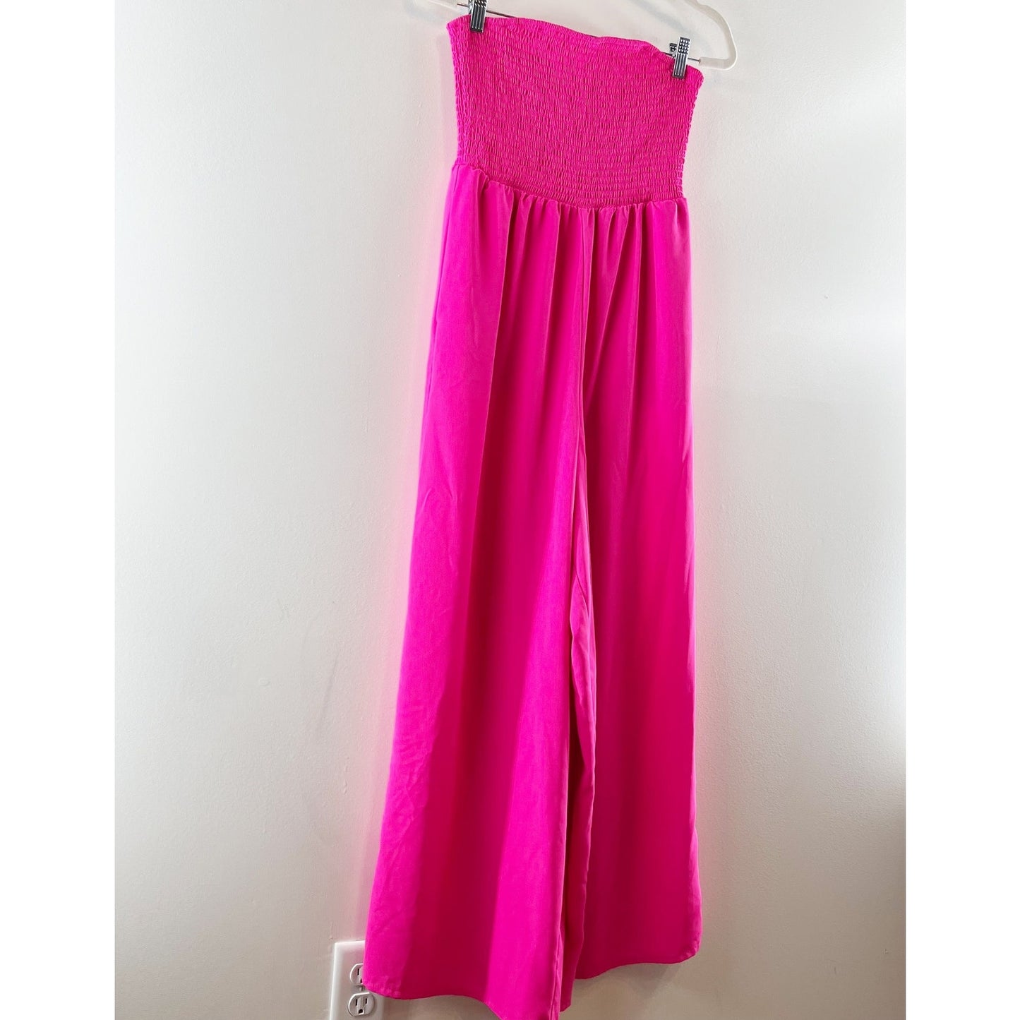 Strapless Side Pocket Smocked One Piece Wide Leg Jumpsuit Pink Small