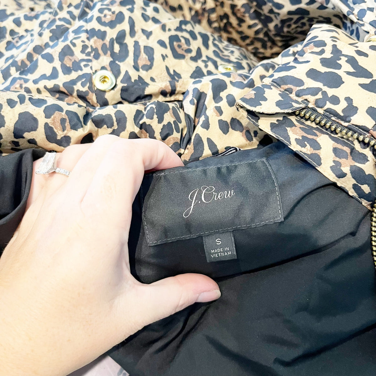 J. Crew Leopard Animal Print Full Zip Snow Puffer Coat Jacket Brown Black Small