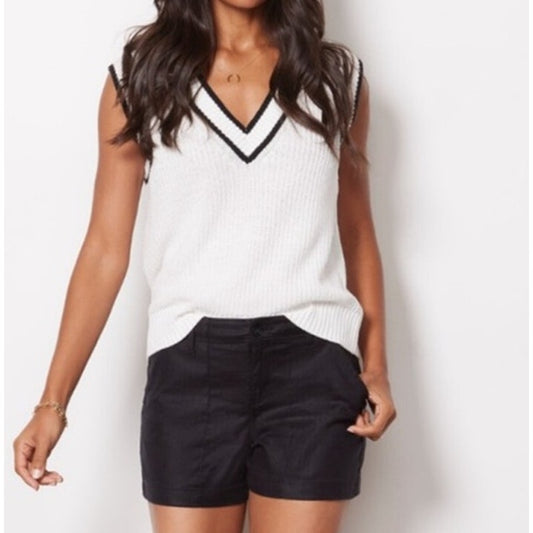 Evereve Chloe V Neck Sleeveless Sweater Stripe Vest White Black XS