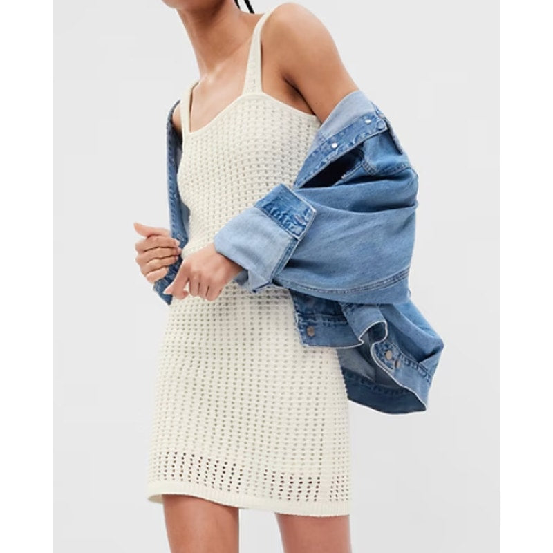 GAP Sleeveless Square Neck Cotton Crochet Mini Dress Ivory White Small