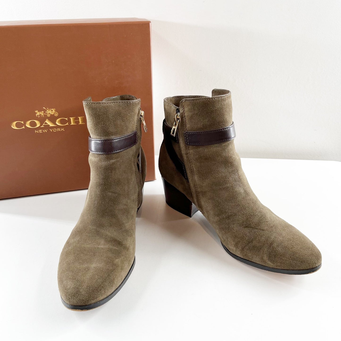 Coach Paulina Block Stacked Heel Suede Ankle Boots Booties Fatigue Chestnut 9