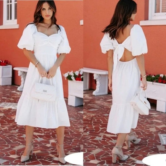 English Factory Puff Sleeve Cotton Bow Back Midi Dress White Medium