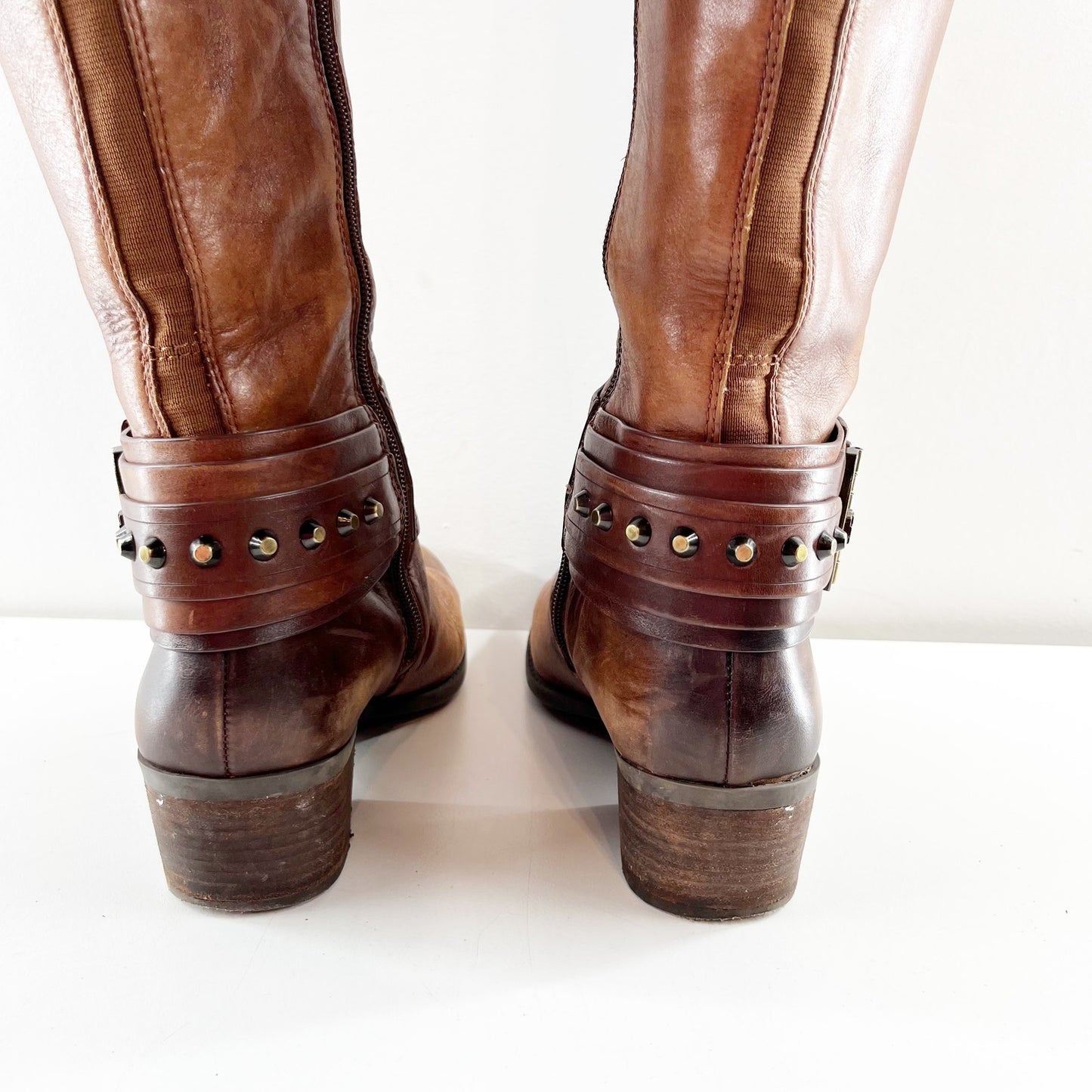 Vince Camuto Leather Beatrix Block Stacked Heel Knee High Riding Boots Brown 7.5