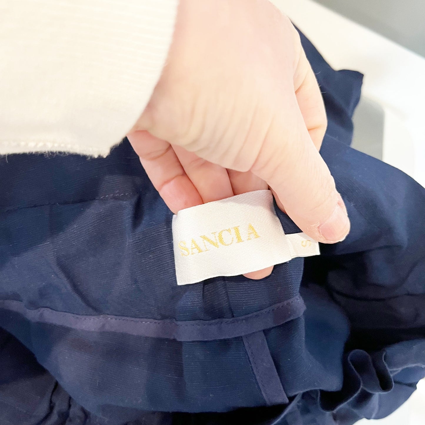 Sancia Lida Linen Paperbag High Rise Tapered Pants Navy Blue Small