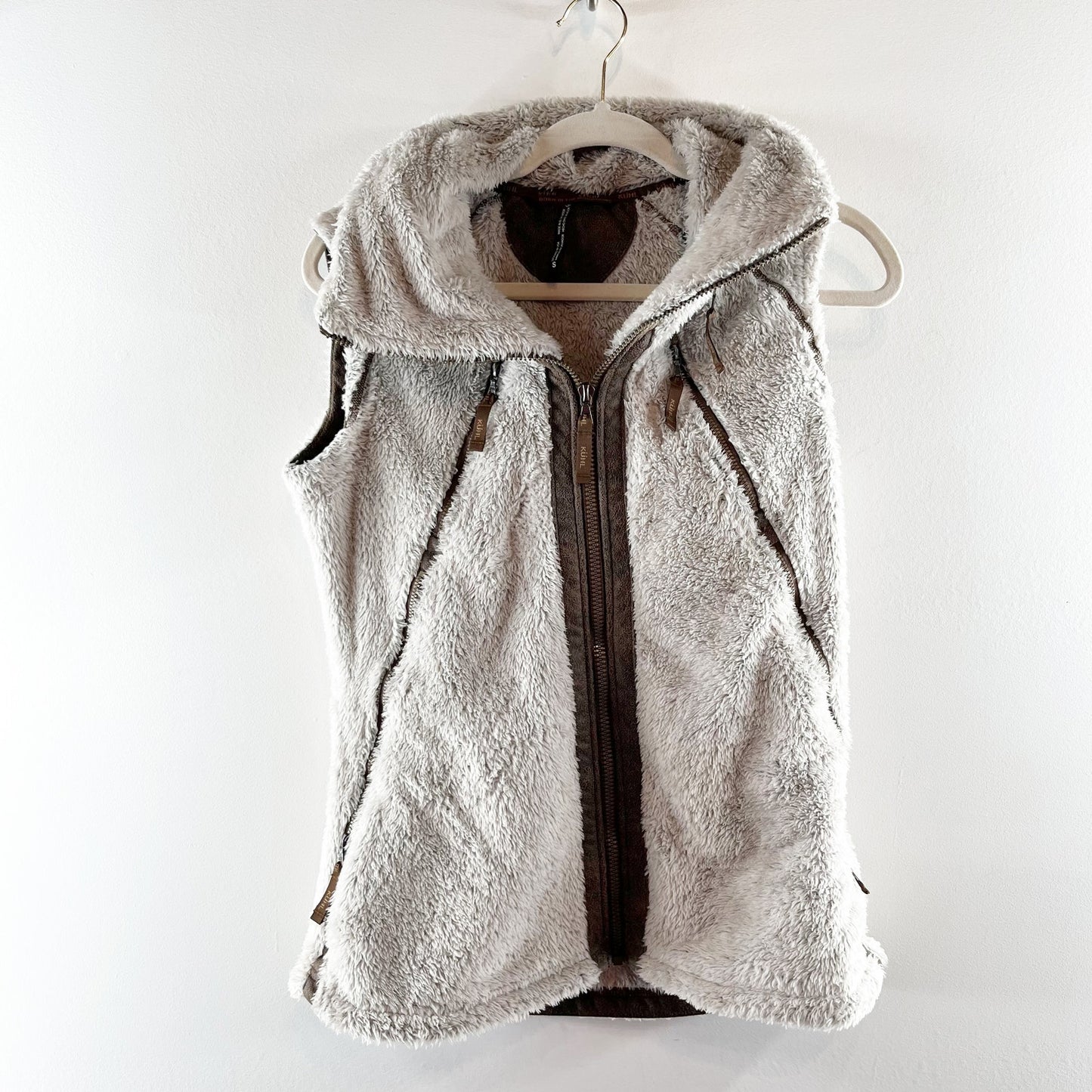 Kuhl Fleece Flight Full Zip Hooded Vest Cream Brown Small