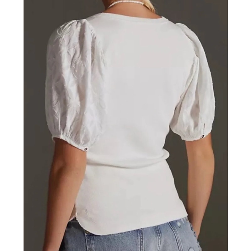 Pilcro Anthropologie Short Puff Sleeve Henley Ribbed Top White Medium