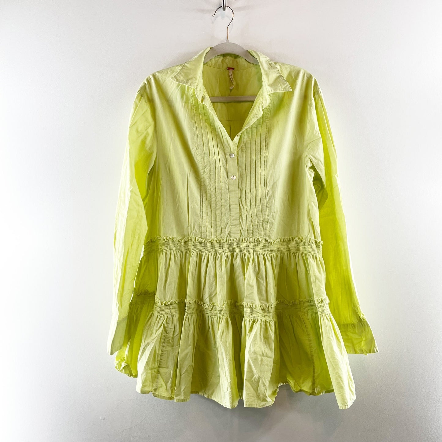 Free People Billie Pintucked Long Sleeve Tiered Mini Shirt Dress Lime Glo Small