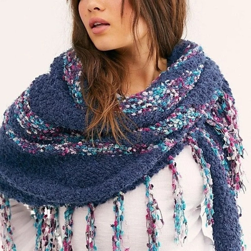 Free People Snuggle Stripe Fringe Trim Scarf Wrap Blue