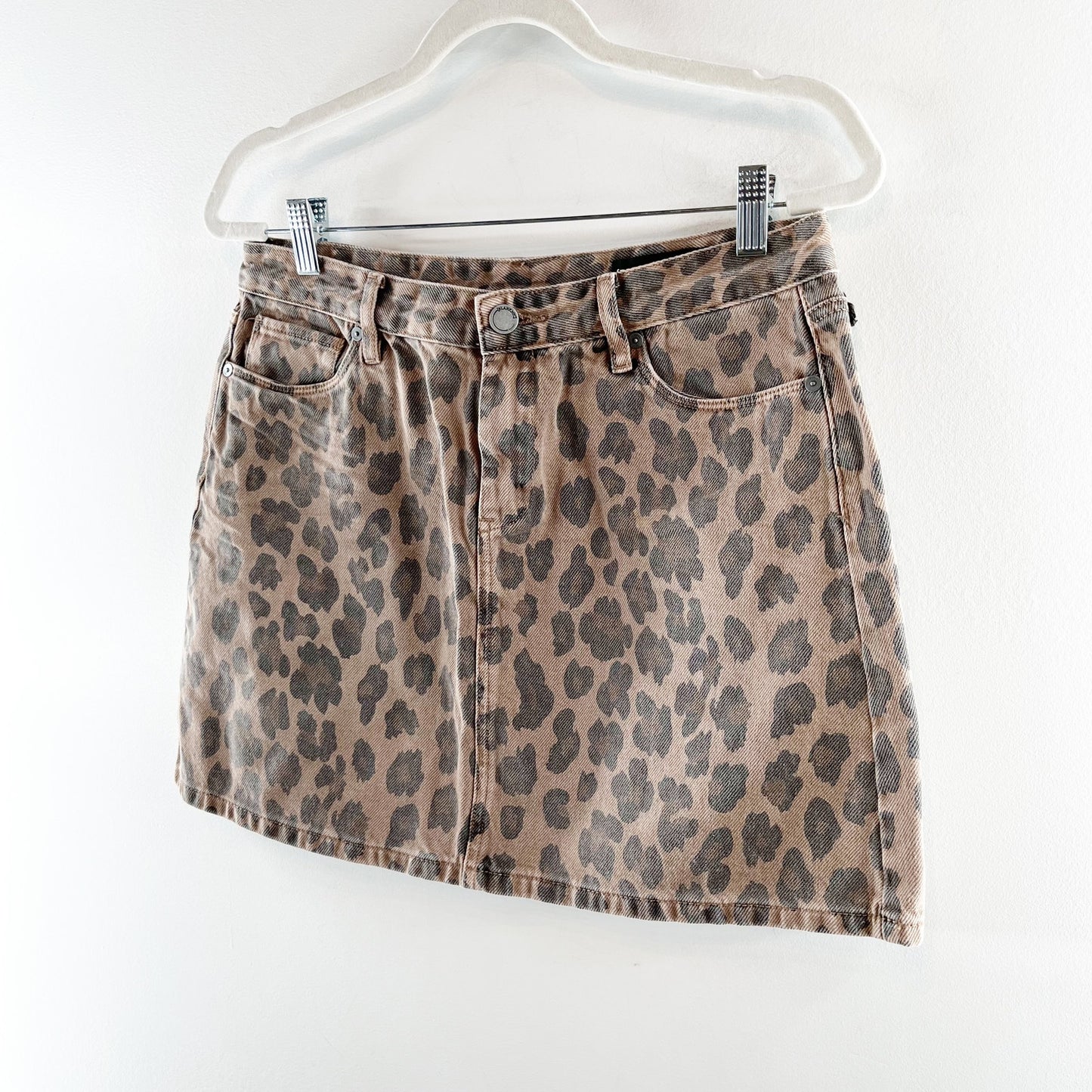 Blank NYC Catwalk Denim Leopard Mini Skirt Tan Brown Black 29