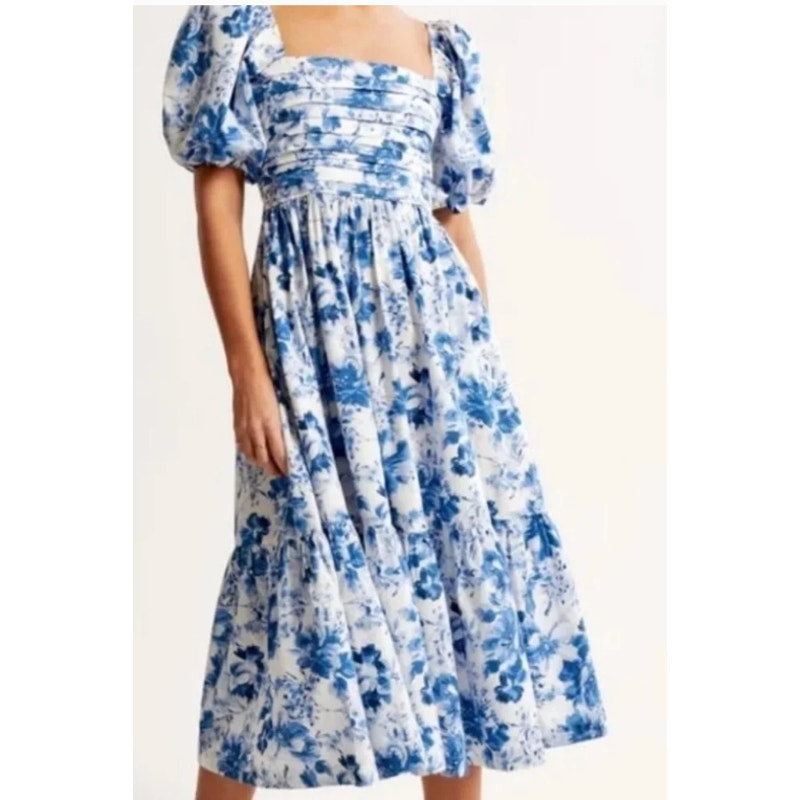 Abercrombie & Fitch Emerson Short Puff Sleeve Square Neck Floral Midi Dress Blue