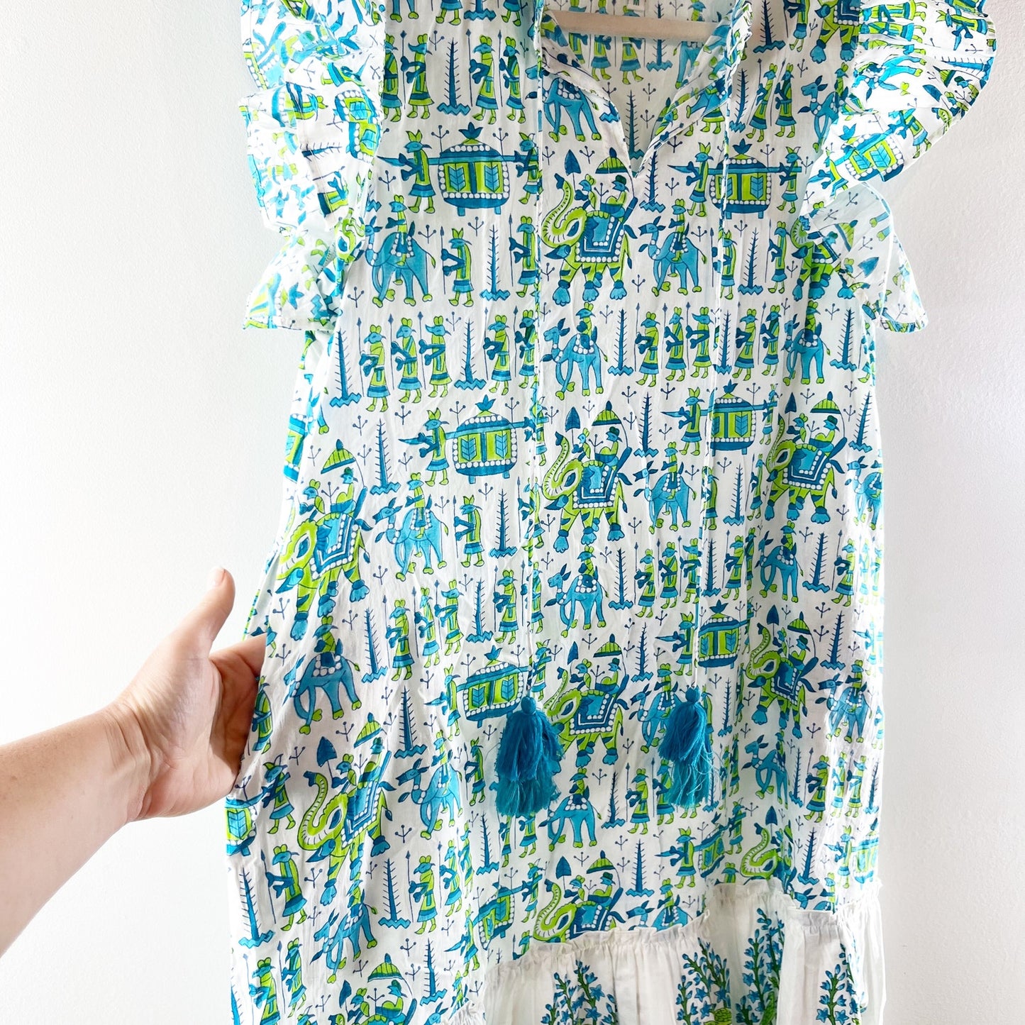 Islapayal Cotton Tunic Printed Ruffle Sleeve Mini Dress White Blue Green Medium