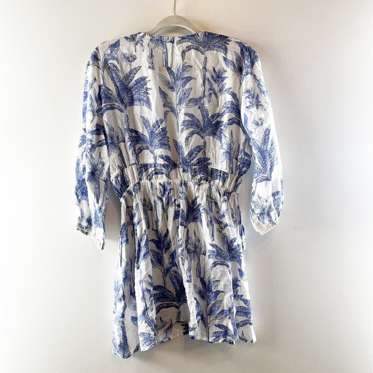 Blue Island Tropical Palm Print 3/4 Sleeve Beach Cover-Up Dress White Blue M