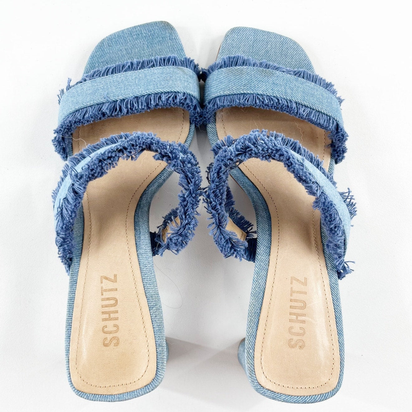 Schutz Amely Slip On Fringed Double Strap Mid Block Denim Mule Sandal Blue 8