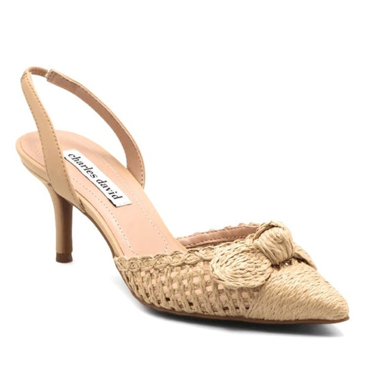 Charles David Allyson Slingback Pointed Toe Bow Kitten Heel Raffia Shoes Tan 7.5