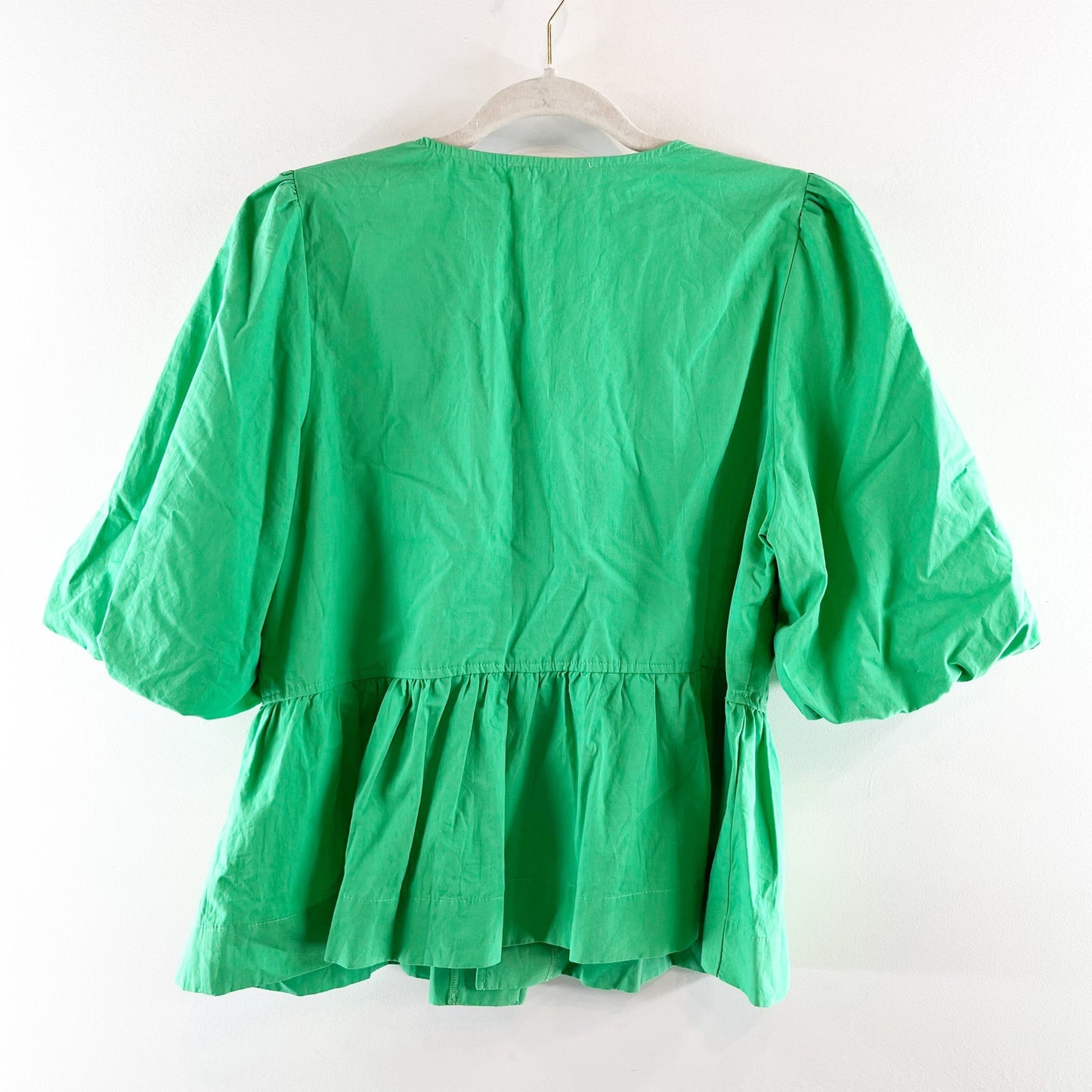 THML Short Puff Sleeve Tie Front Bow Peplum Top Blouse Green Large