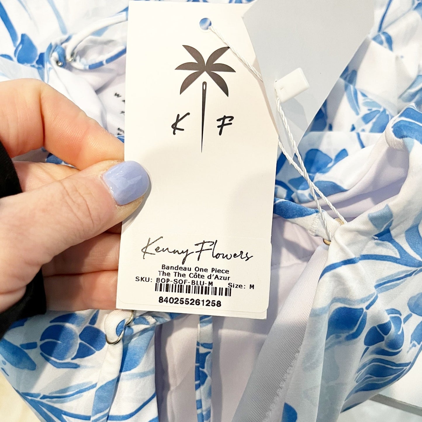 Kenny Flowers Watercolors Bandeau Floral Print One Piece Swimsuit White Blue M