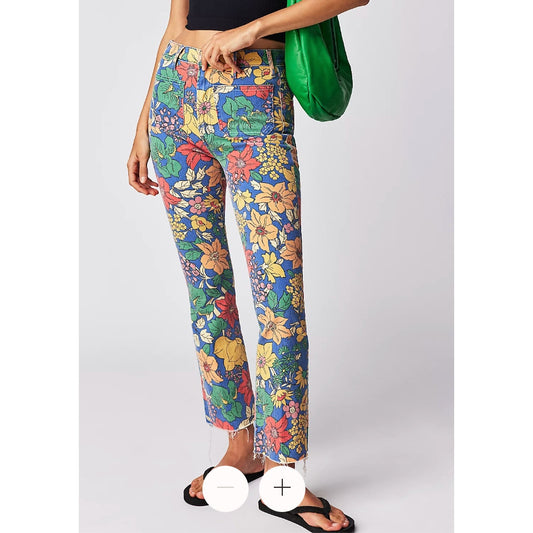 Mother The Hustler Printed High Rise Patch Pocket Jeans in Fresh Blooms Green 25