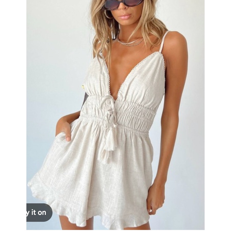 Princess Polly Colleen Tie Front Linen Blend Plunge Romper Tan Beige 0