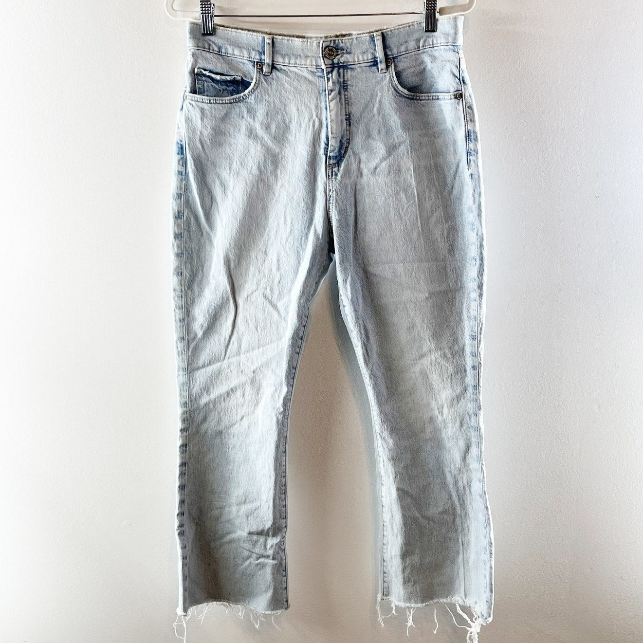 Loft High Waisted Denim Frayed Hem Kick Flare Cropped Jeans Blue 30 / 10