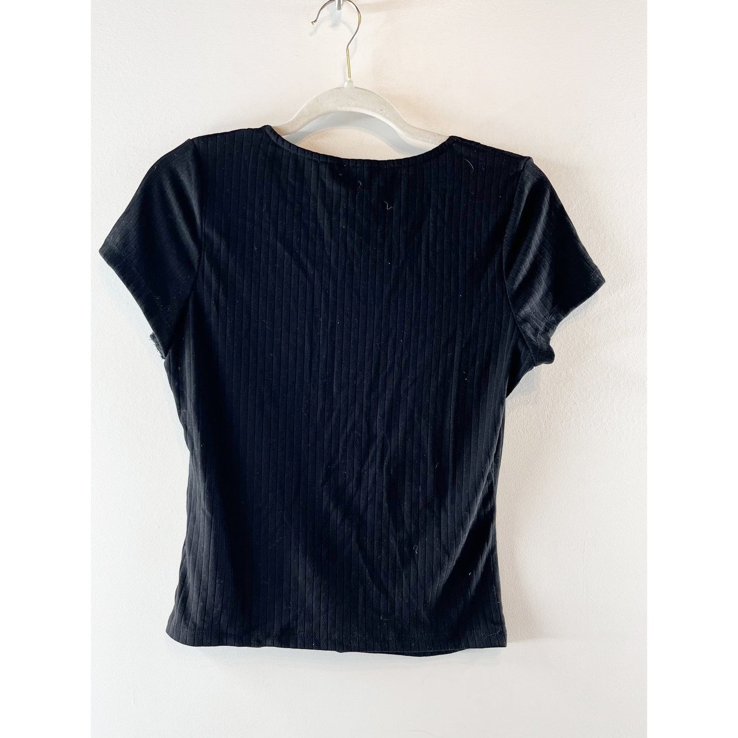 Heartloom Aranelle Lace Trim Short Sleeve V-Neck Blouse Top Black Medium