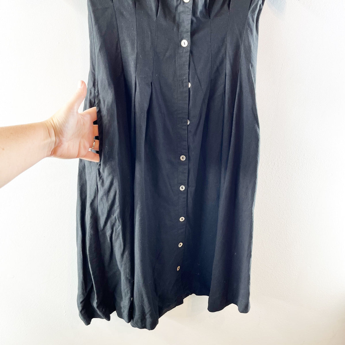 Halston Linen Blend Short Sleeve Midi Shirt Dress Black 4