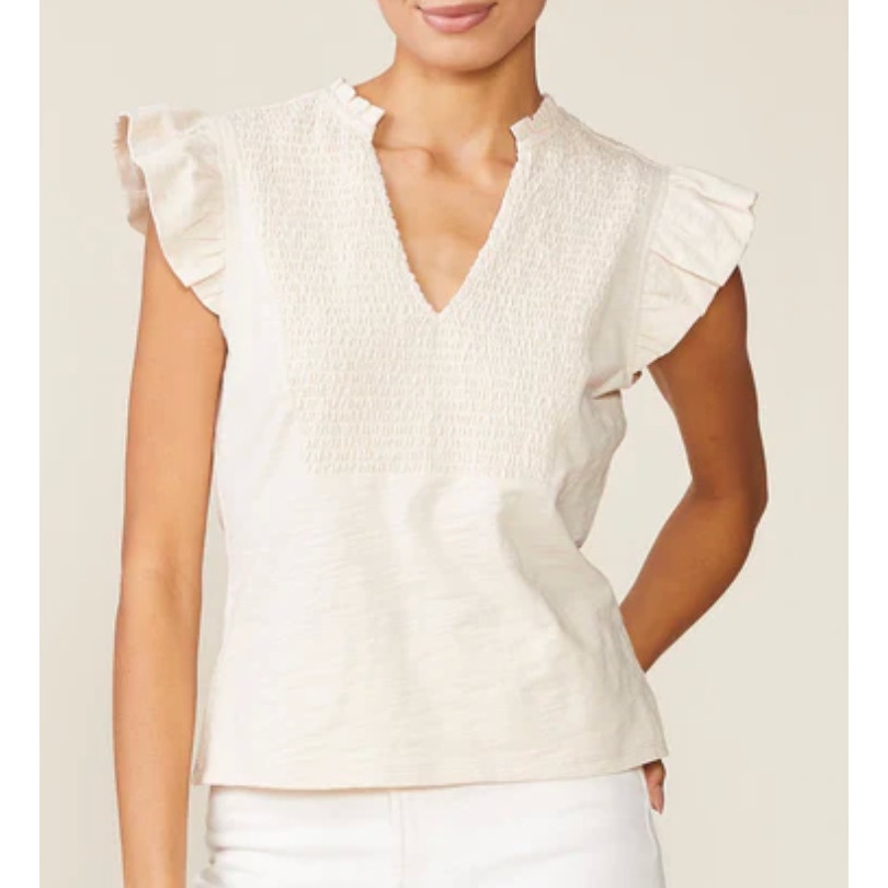 Nation LTD Ruffle Sleeve V Neck Cotton Tee Shirt Top Cream Ivory Small