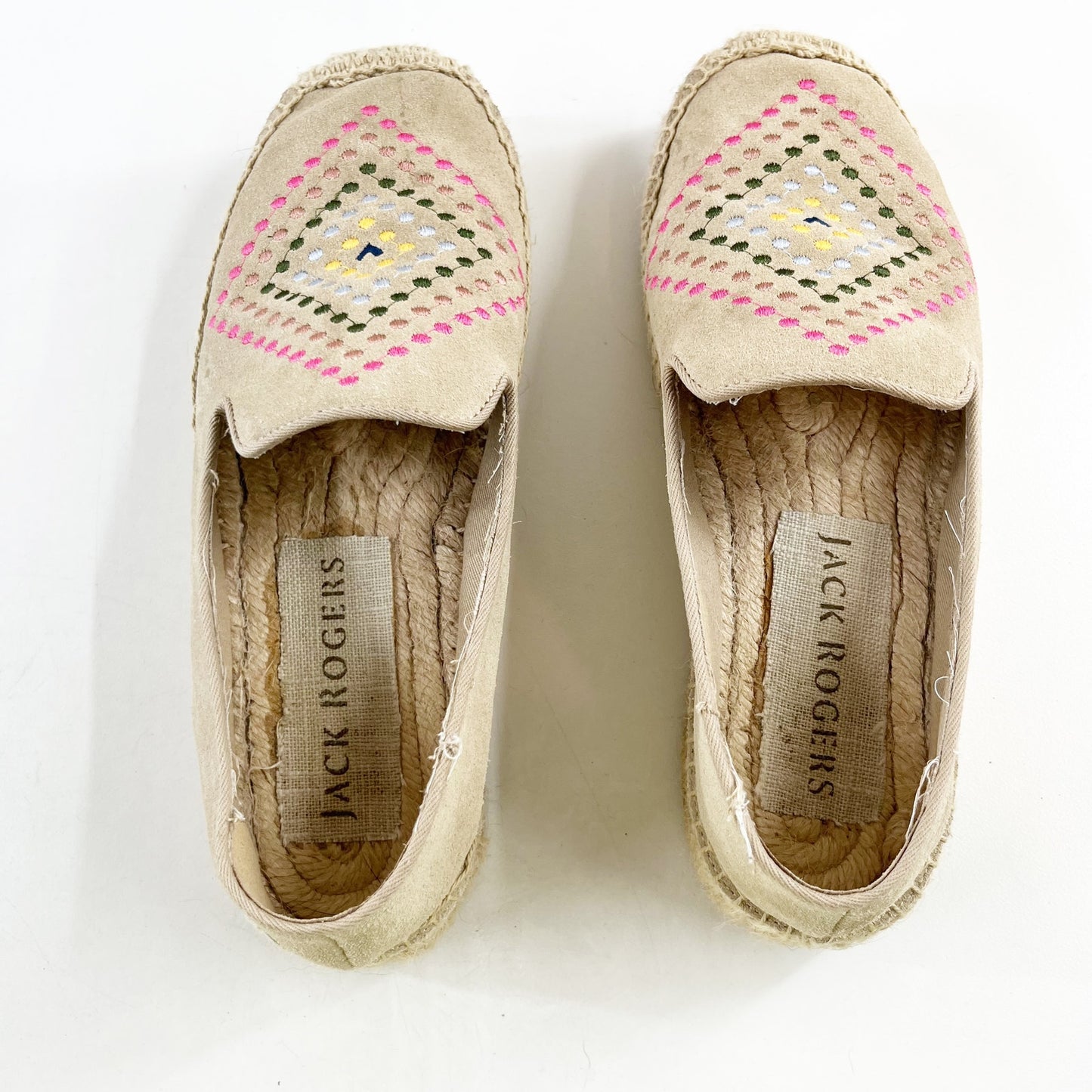 Jack Rogers Luna Suede Embroidery Slip On Flat Espadrilles Shoes Sand 7.5