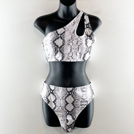 One Shoulder Snake Print Bikini White Black Two Piece Swimsuit Large