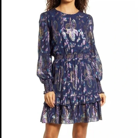 Lilly Pulitzer Dotti Long Sleeve Floral Ruffle Hem Metallic Mini Dress Blue 14