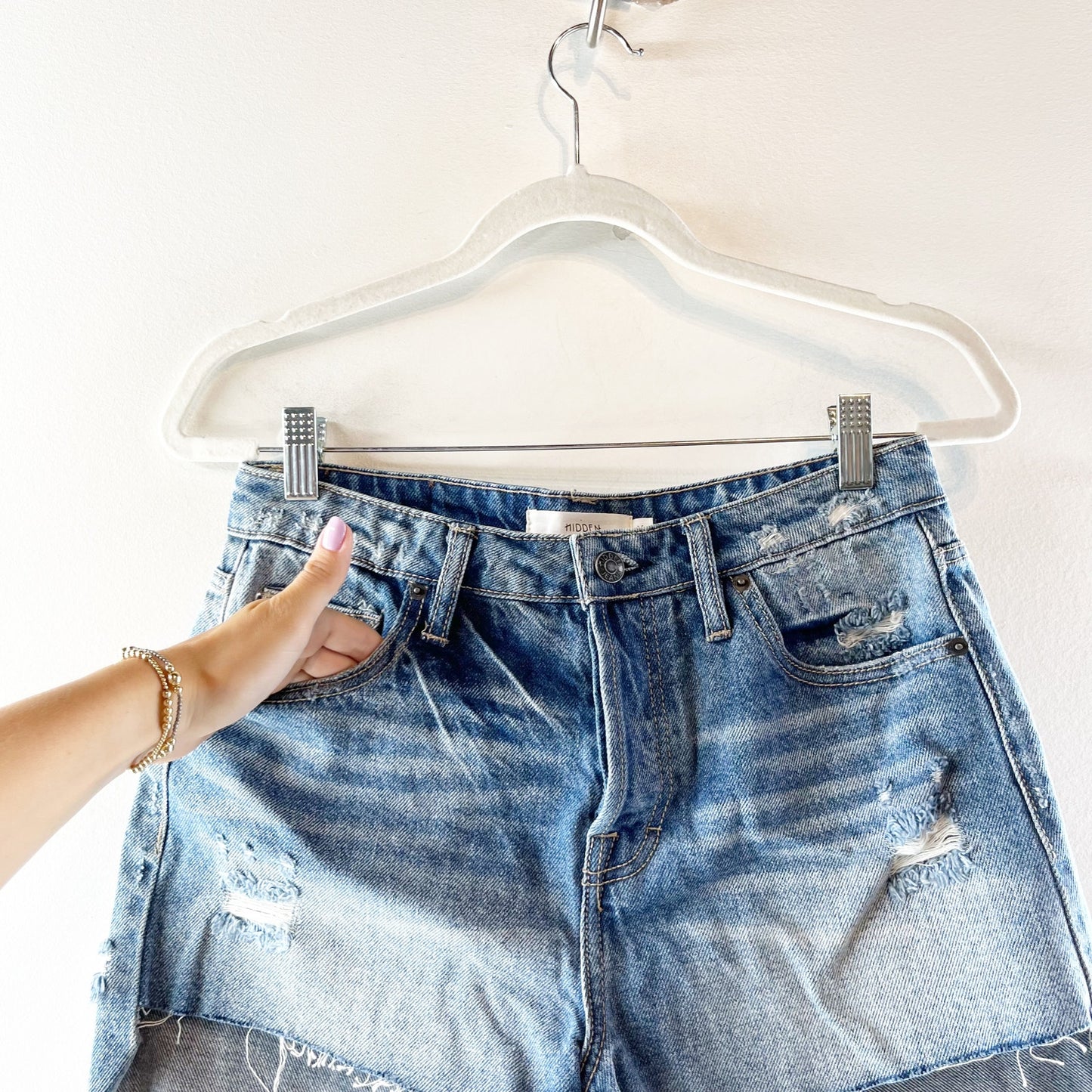 Hidden Cotton High Waisted Hi-Low Hem Distressed Denim Jean Short Blue Medium