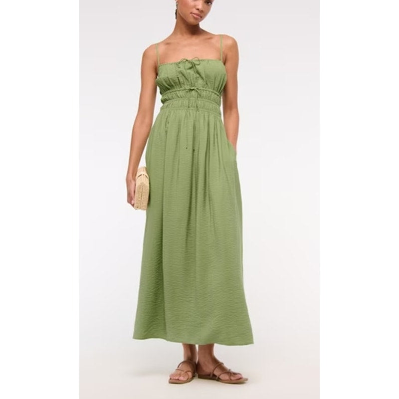Abercrombie & Fitch Sleeveless Smocked Tie-Front Maxi Dress Bottle Green Large