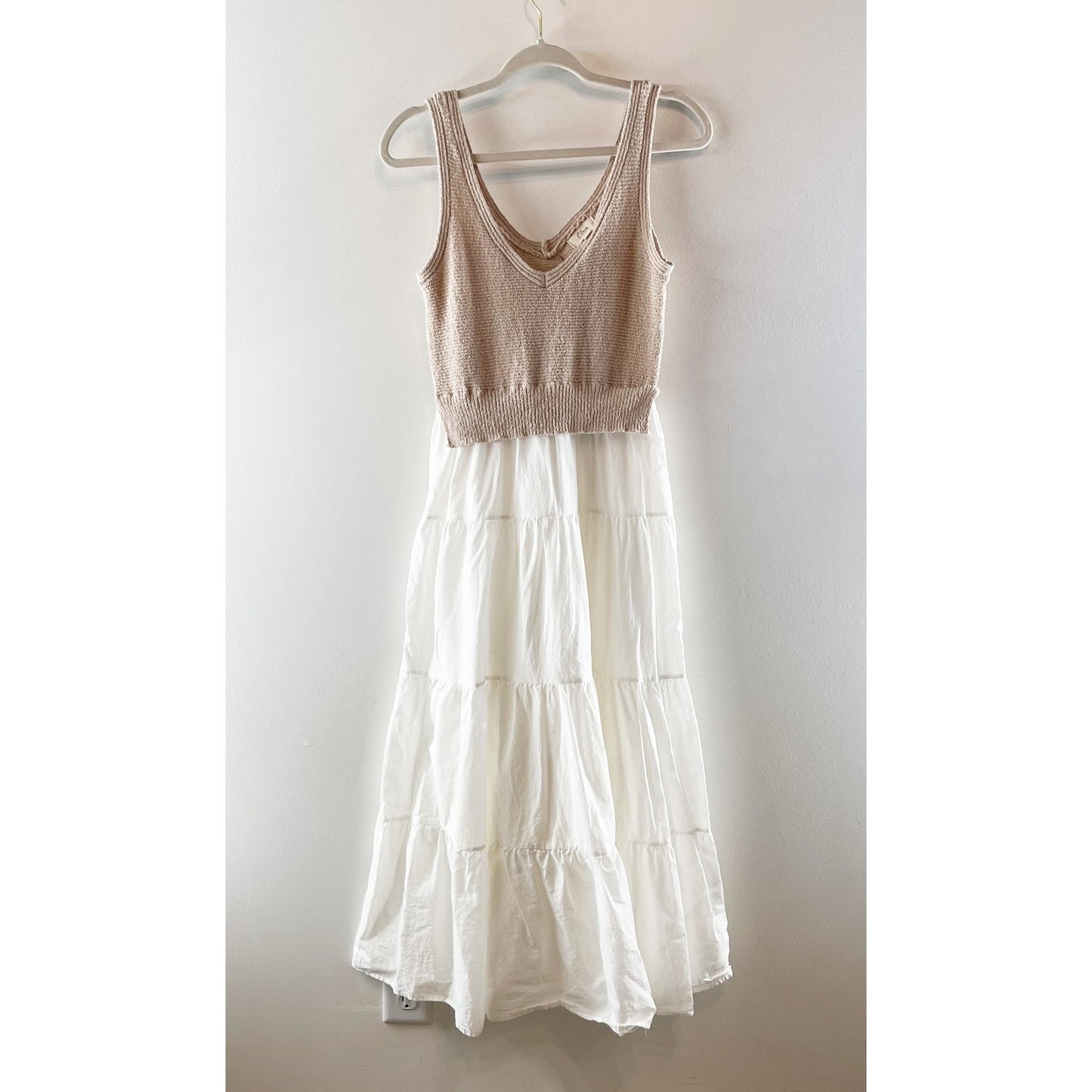 Elan Twofer Mixed Media Sleeveless Poplin Midi Dress Tan White Small