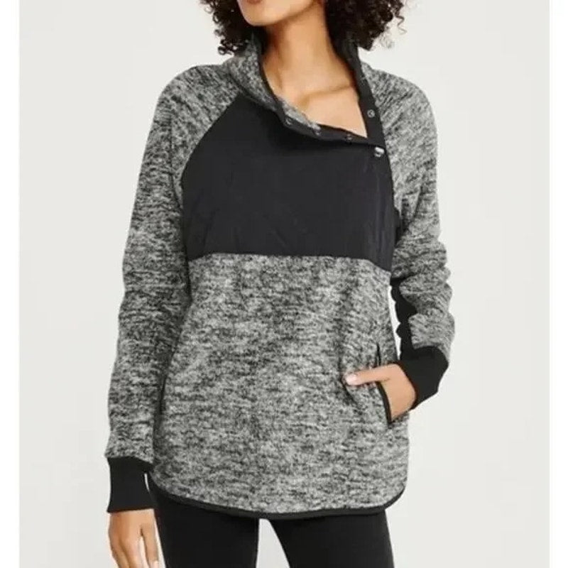 Abercrombie & Fitch Asymmetrical Snap Fleece Jacket Gray Navy Blue Medium