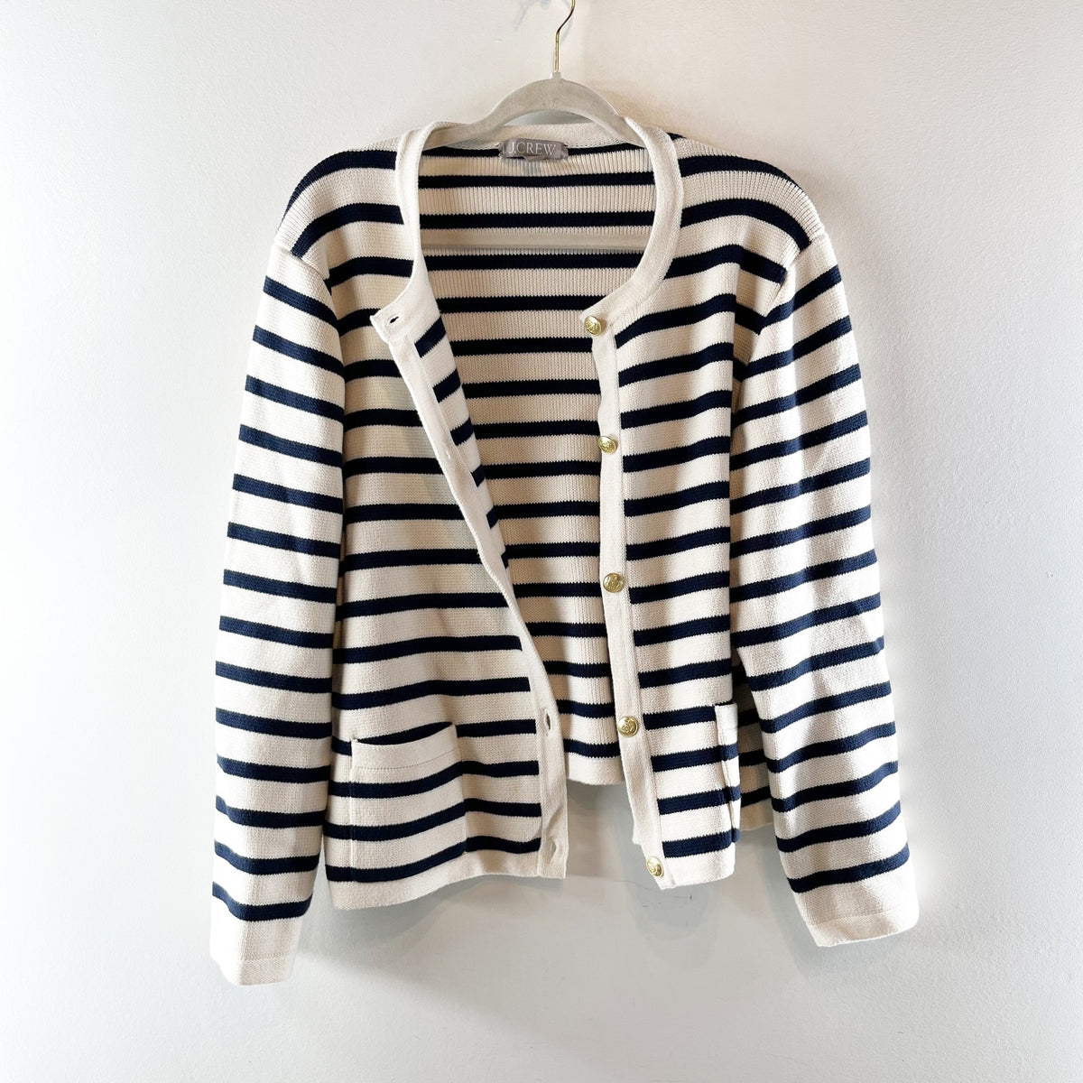 J. Crew Emilie Striped Long Sleeve Sweater Lady Jacket White Navy Blue 2X