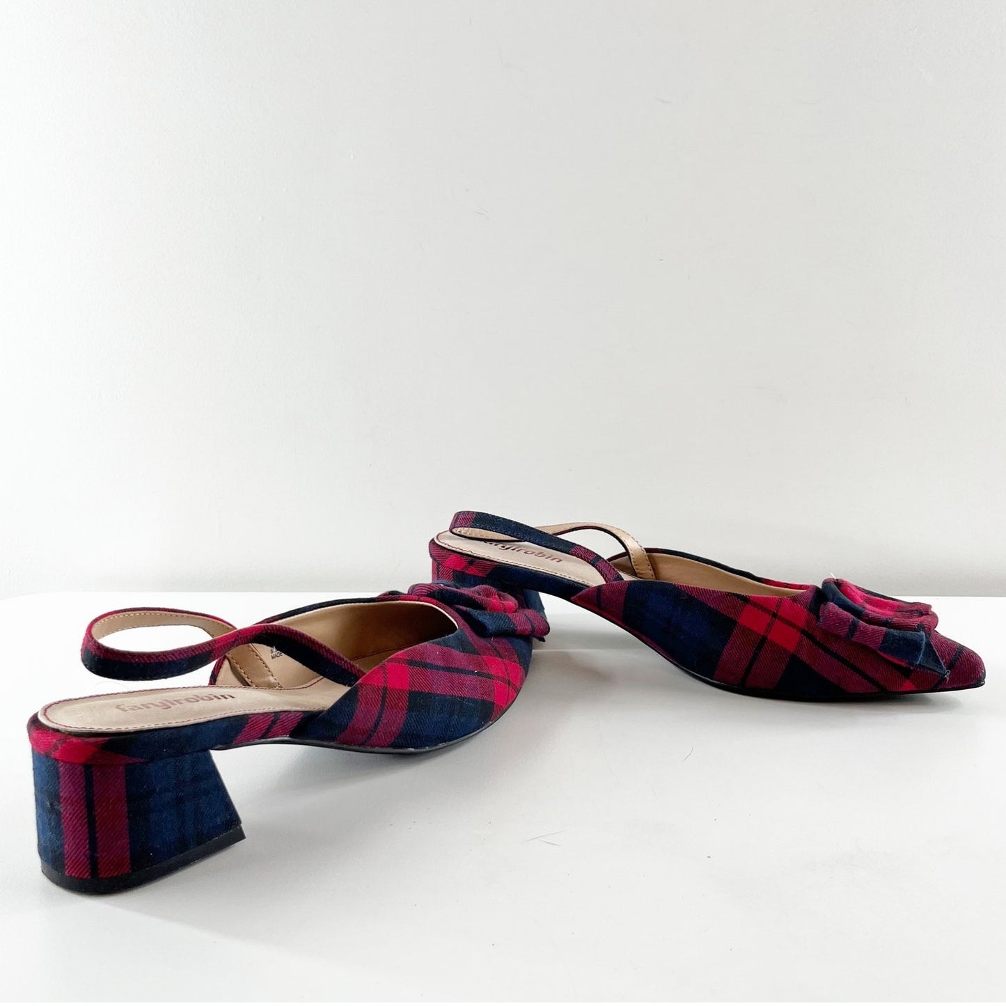 Farylrobin Anthropologie Pointed Toe Slingback Plaid Block Heels Red Blue 9.5