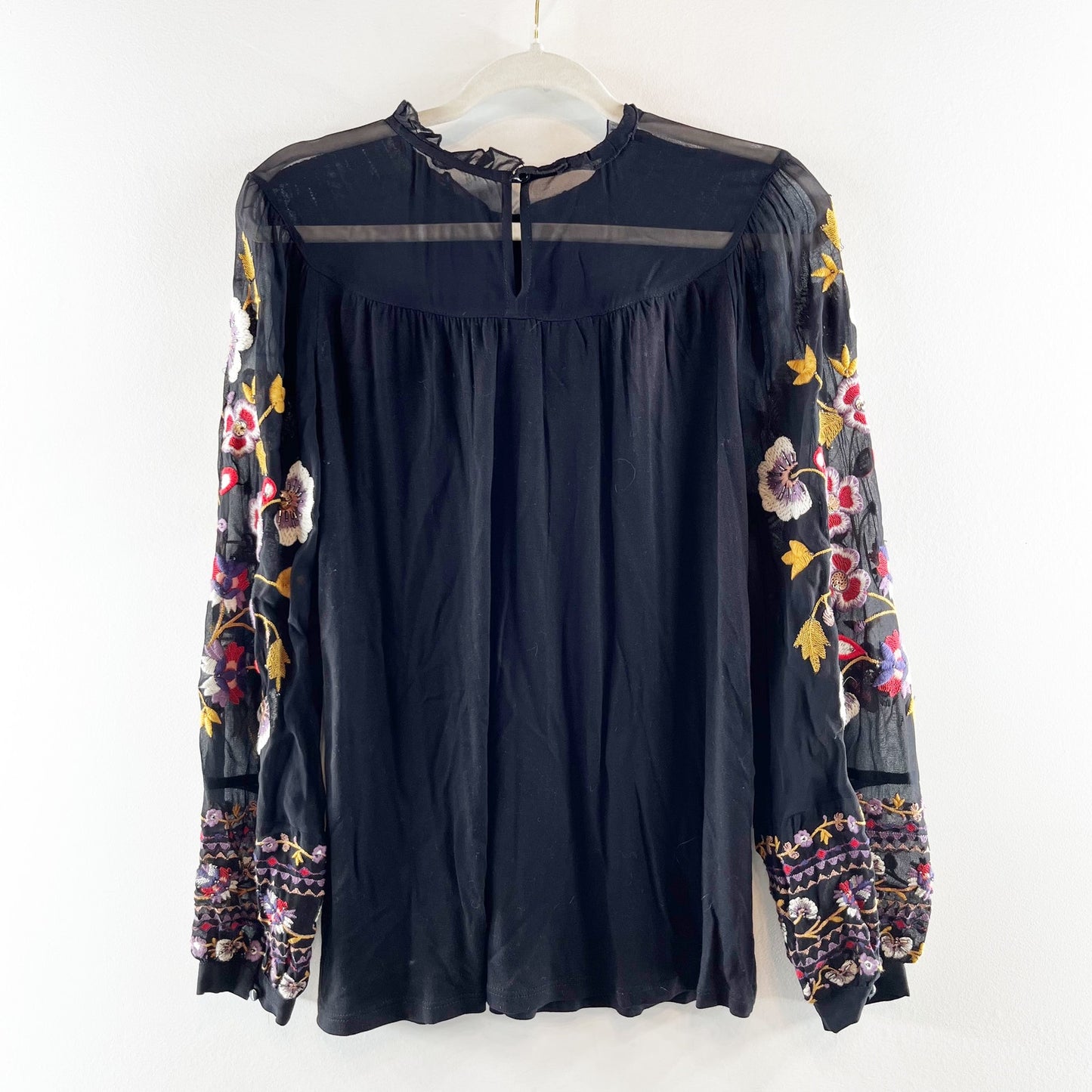 Akemi + Kin Anthropologie Louise Long Sleeve Embroidered Blouse Top Black XS