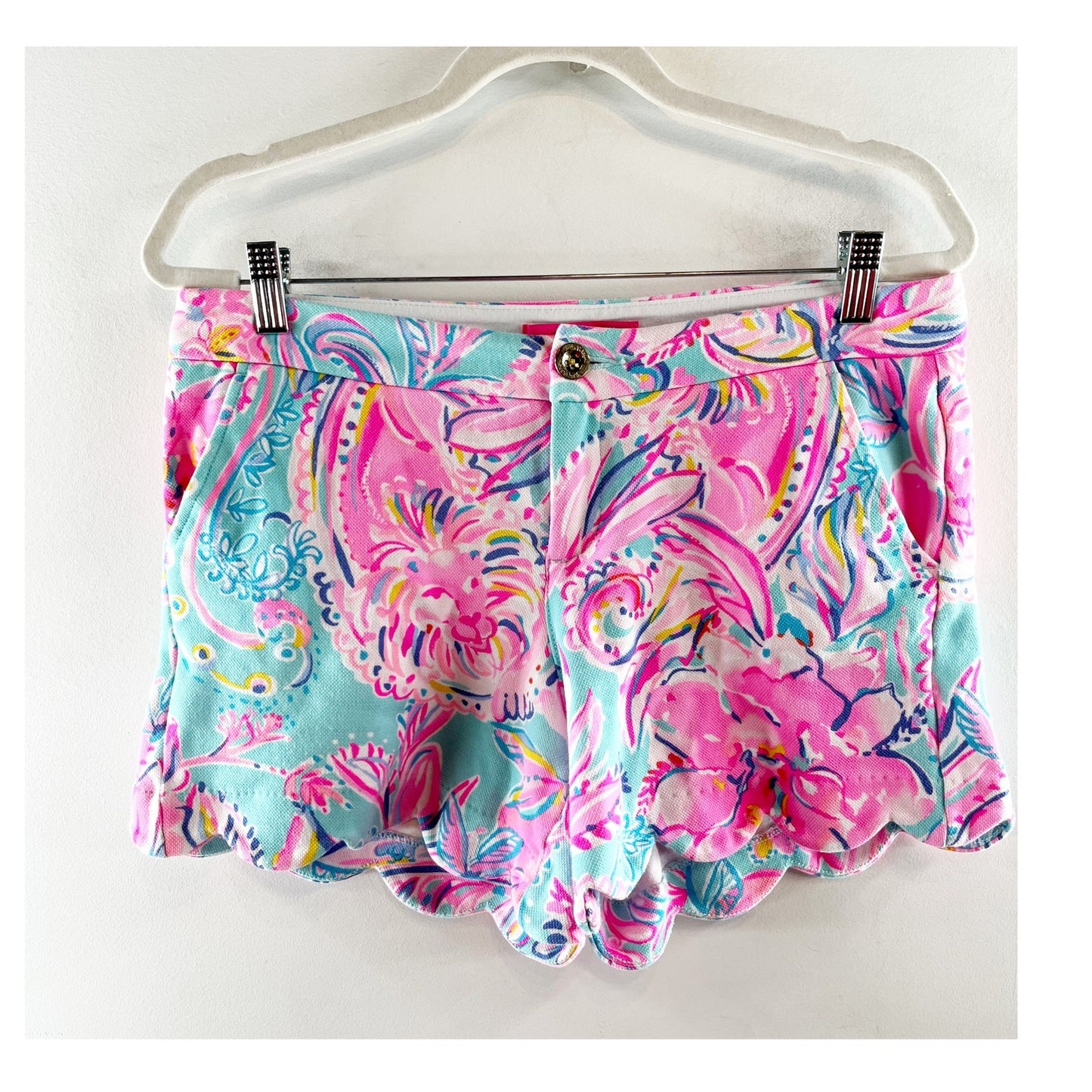 Lilly Pulitzer Buttercup Mid Rise Scalloped Hem Shorts Pink Blue 6