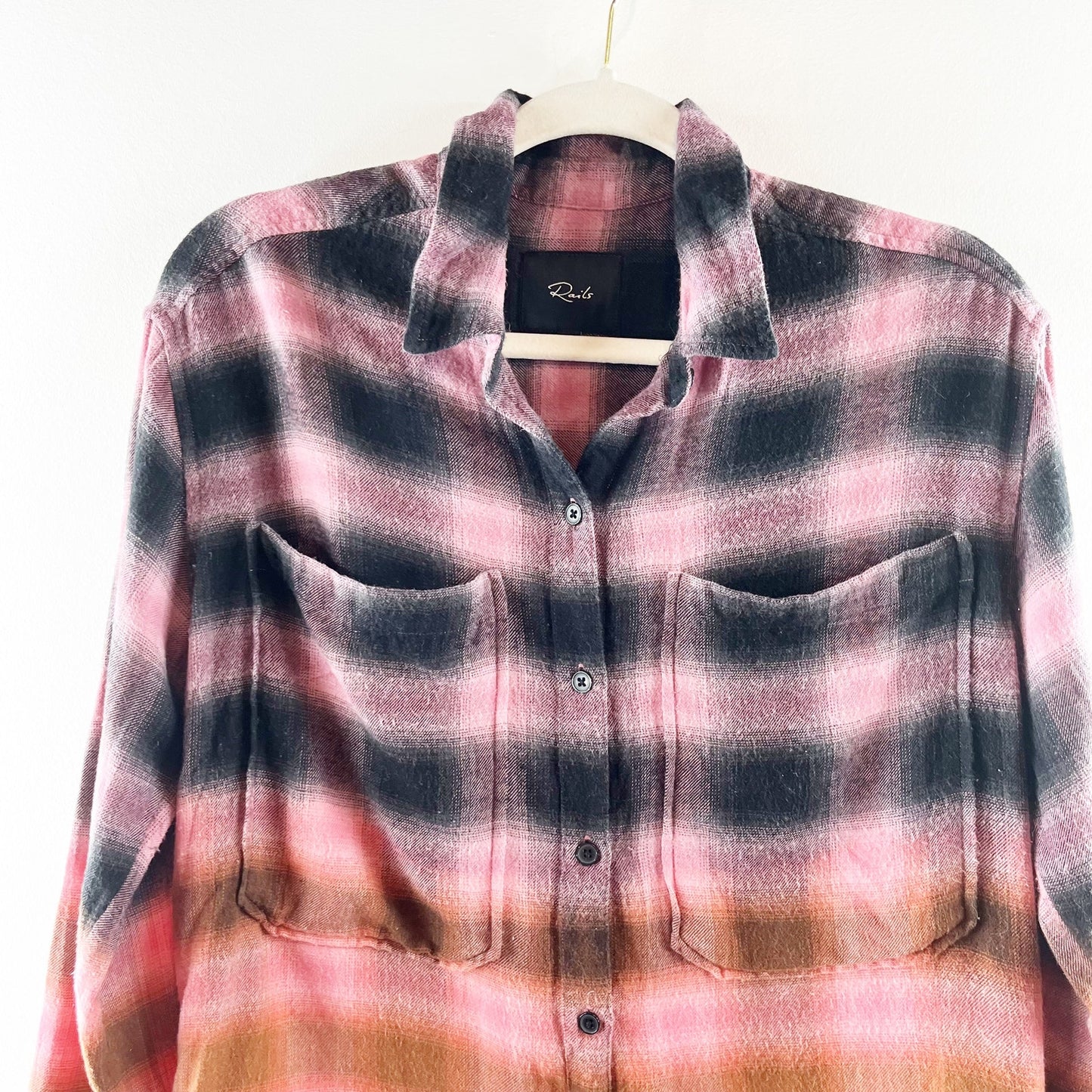 Rails Tierra Plaid Long Sleeve Button-Front Shirt In Pink Orange Dip Dye Small