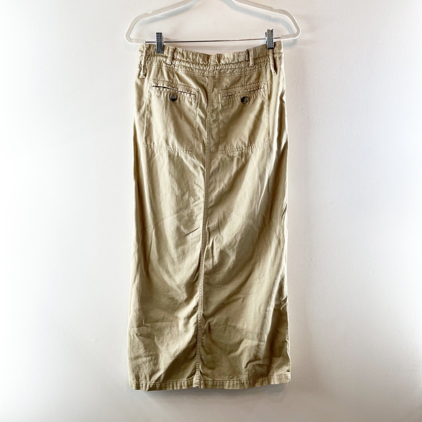 Free People Pull On Drawstring Waist Front Slit Utility Maxi Skirt Beige Tan 2