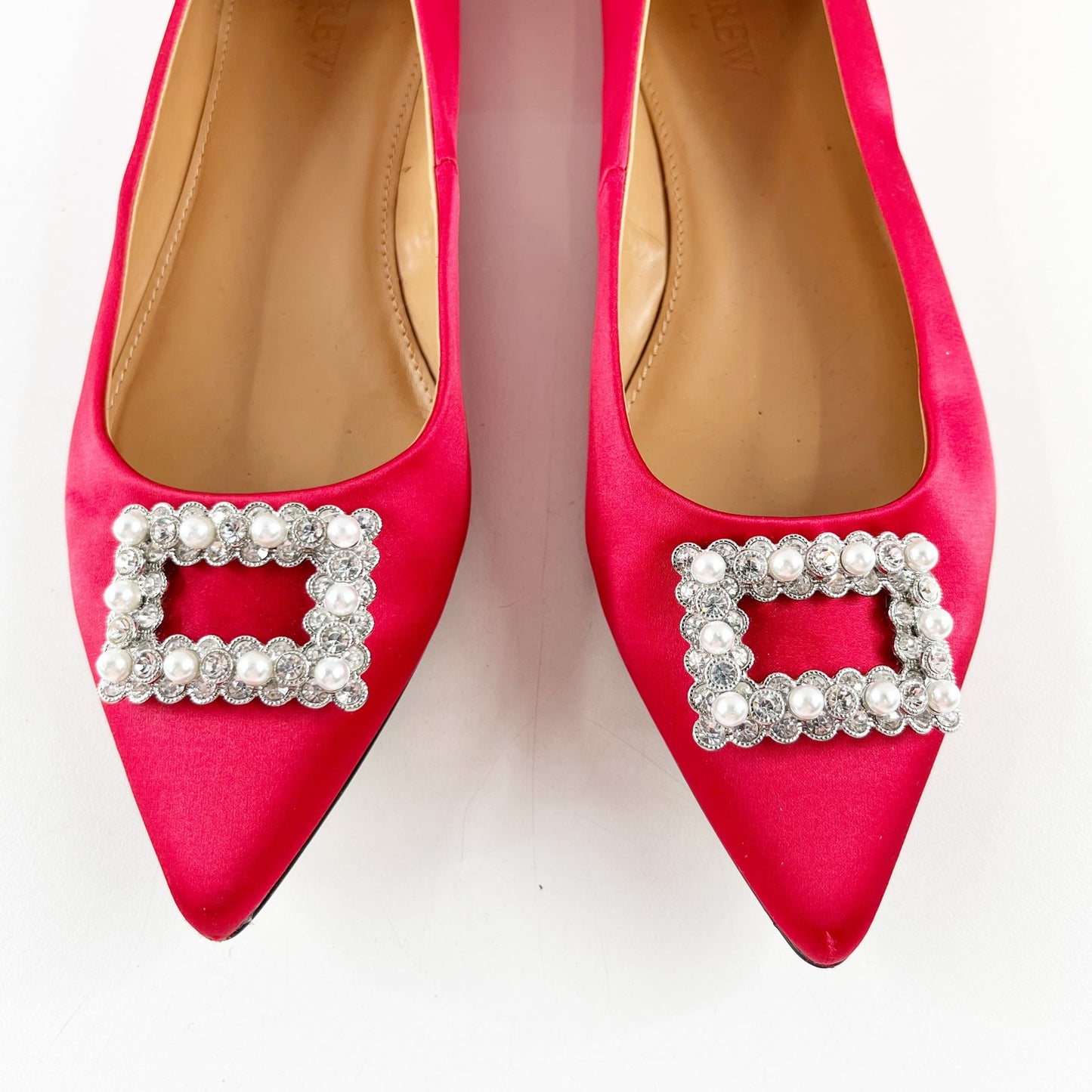 J. Crew Crystal Embellished Pointed Toe Satin Flats Shoes Ruby Red 8