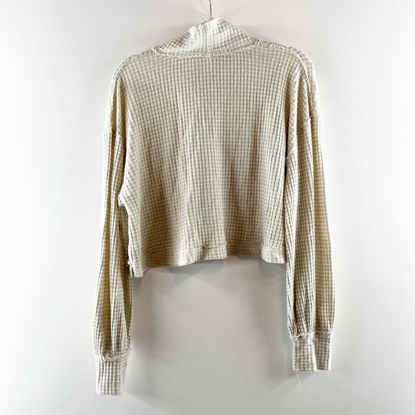 Free People BK Long Sleeve Turtleneck Waffle Knit Crop Thermal Top White Combo M