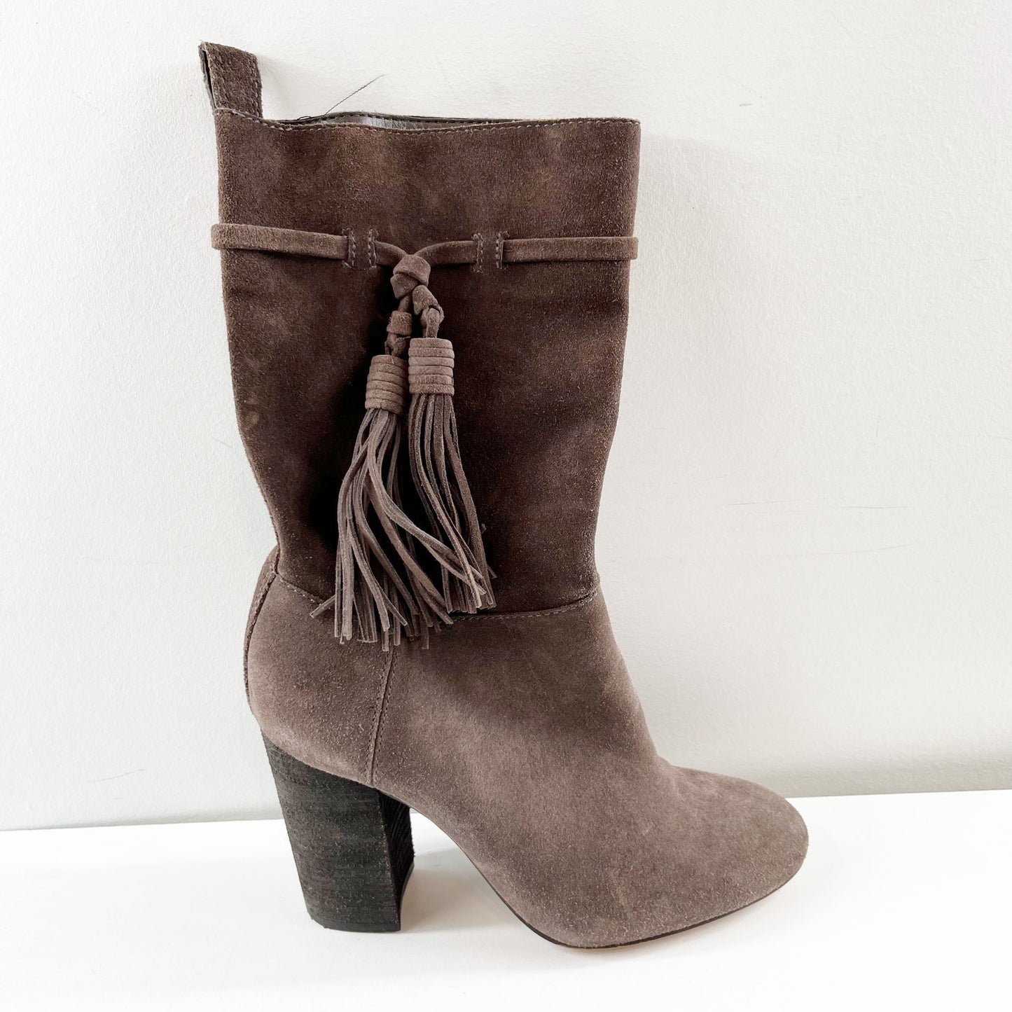 Vince Camuto Fermel Slouch Suede Leather Tassel Mid Calf Boots Brown 7.5