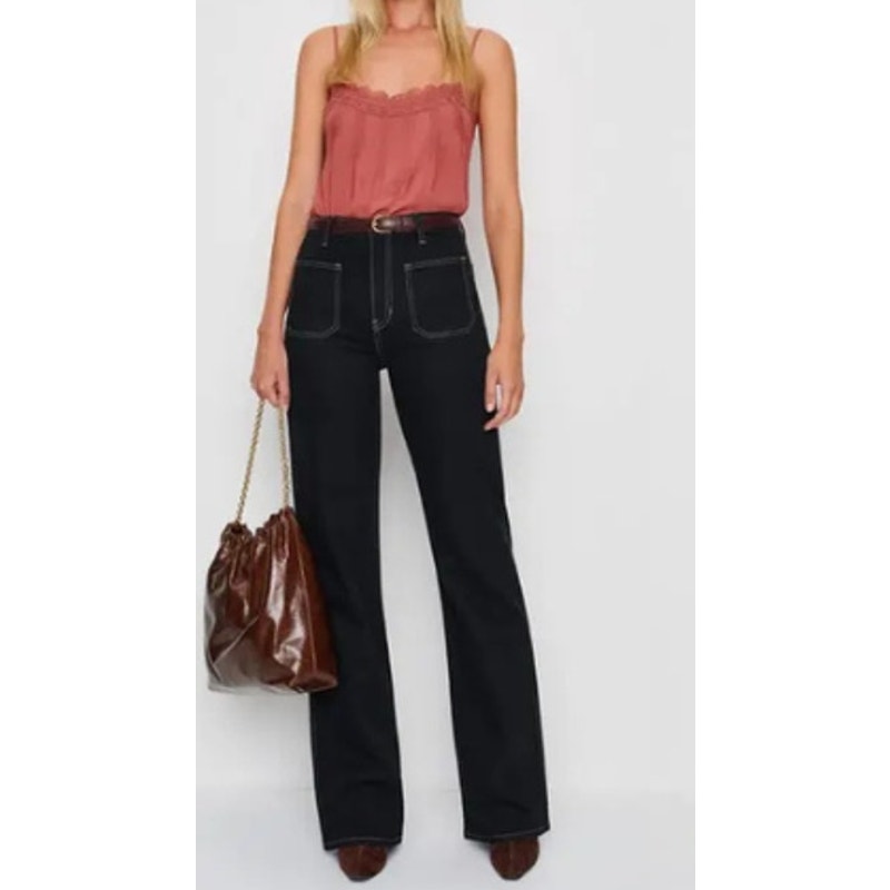 Reformation Alyssa Stretch Denim High Rise Utility Wide Leg Long Jeans Black 28