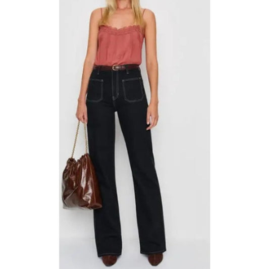 Reformation Alyssa Stretch Denim High Rise Utility Wide Leg Long Jeans Black 28