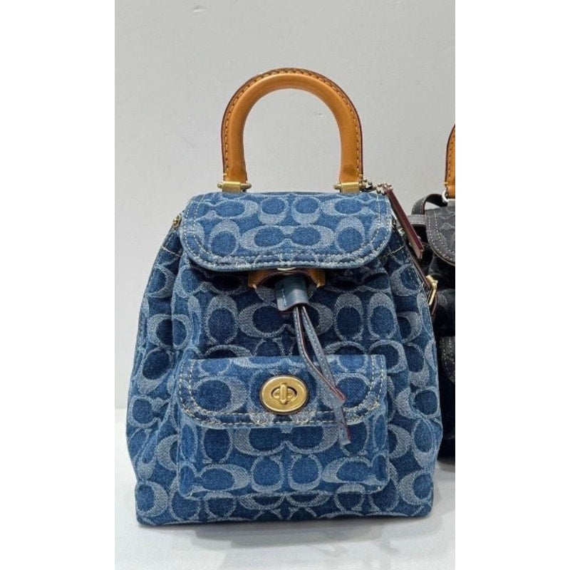 Coach Riya Signature Denim Backpack 21 Blue with Leather Top Handle