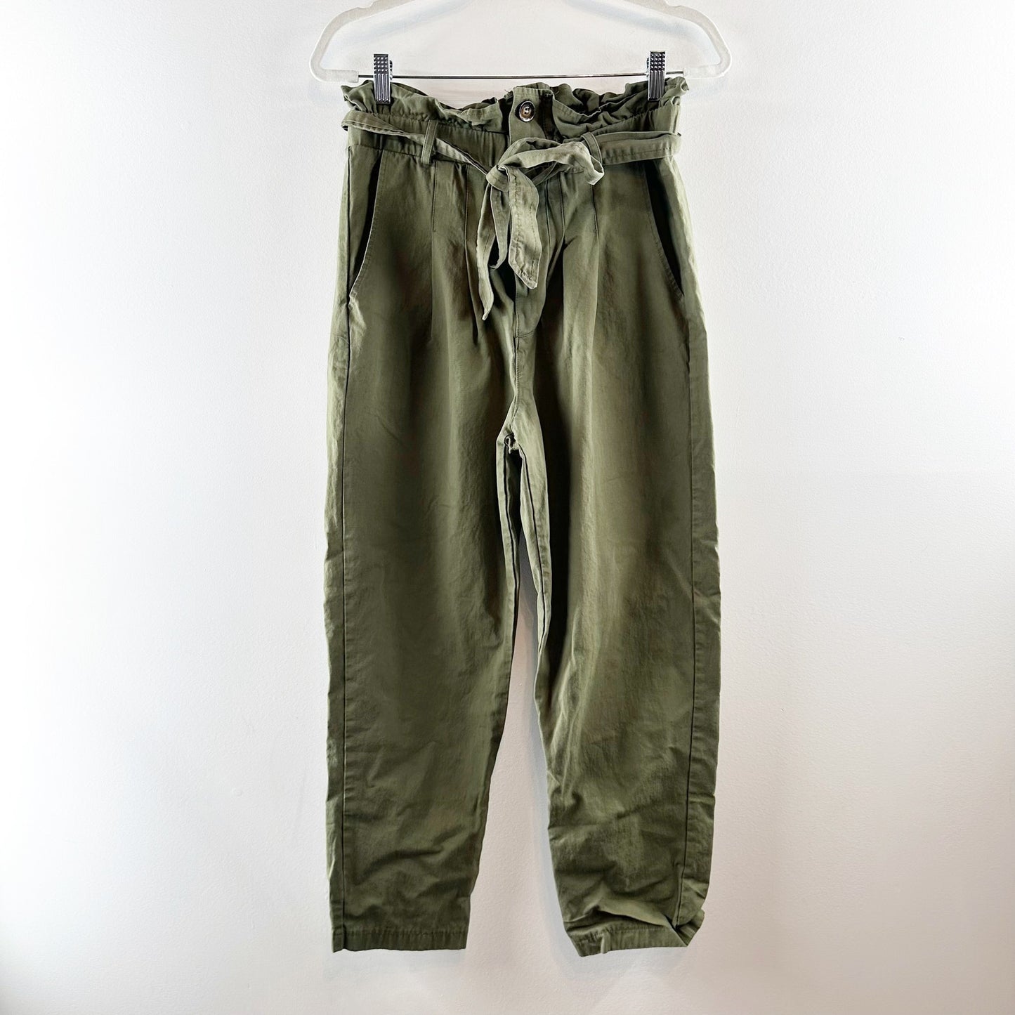 7 For All Mankind High Rise Paperbag Tapered Pants Olive Green Small