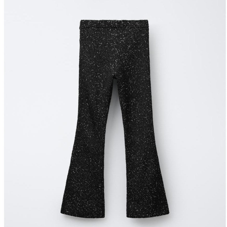 Zara Sequin Embellished High Waisted Flare Trouser Pants Black Medium